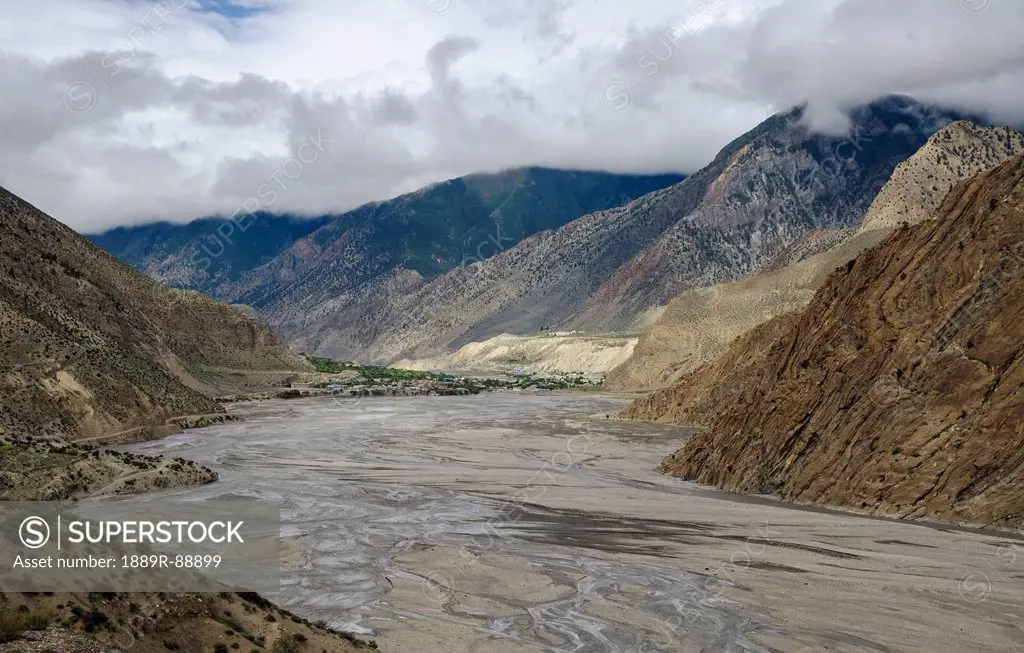 Wide angle view of kali gandaki riverbed and jomsom town;Mustang nepal