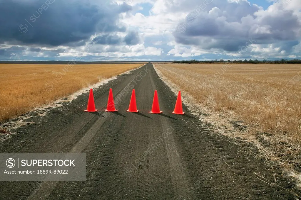 Safety cones lined up across a rural road;Saskatchewan canada