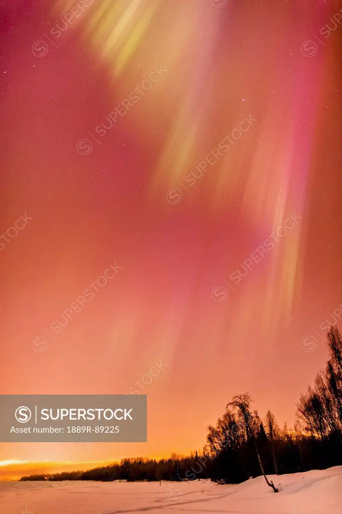 A multi-coloured northern lights corona in the sky above the tony knowles coastal trail in winter;Anchorage alaska united states of america