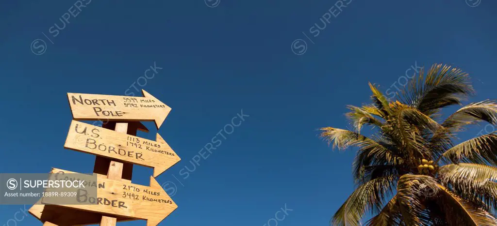 A sign shows how far distances are from a beach;Puerto vallarta mexico