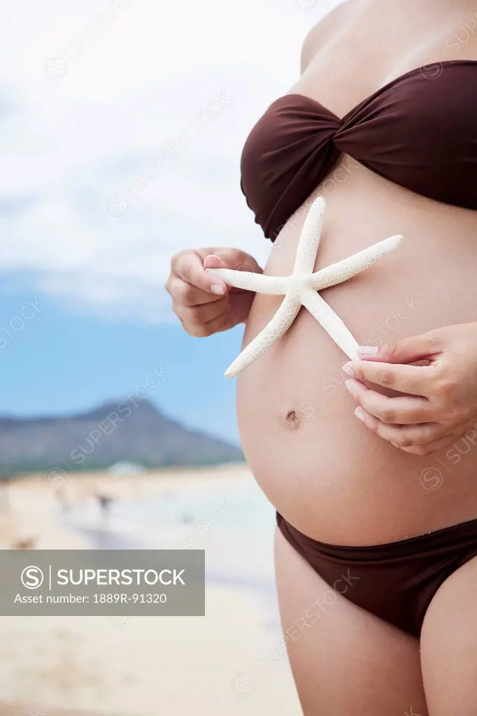 A pregnant woman in a bikini holding a starfish on her bare belly;Honolulu hawaii united states of america