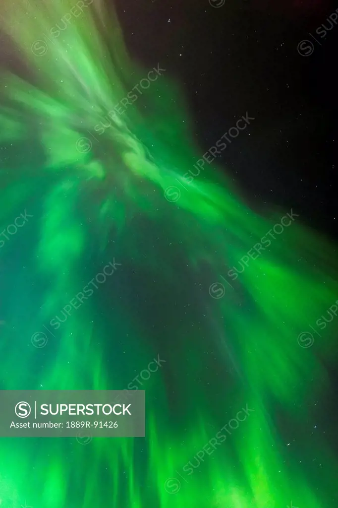 A Green Northern Lights Corona in the sky above the Tony Knowles Coastal Trail in winter; Anchorage, Alaska, United States of America