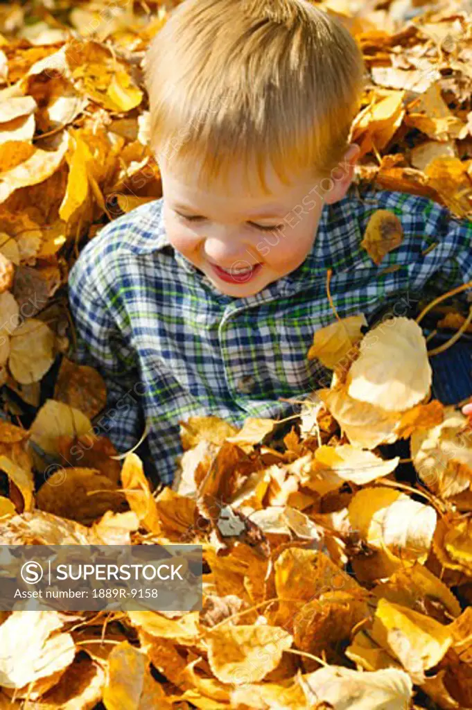 Toddler playing in autumn leaves