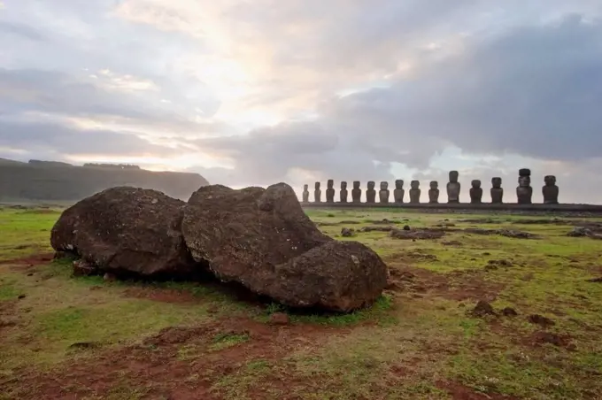 Fallen Moai & Fifteen Moais From Different Periods, Restored By Archaeologist Claudio Cristino, At Ahu Tongariki At Dawn, Rapa Nui (Easter Island), Ch...
