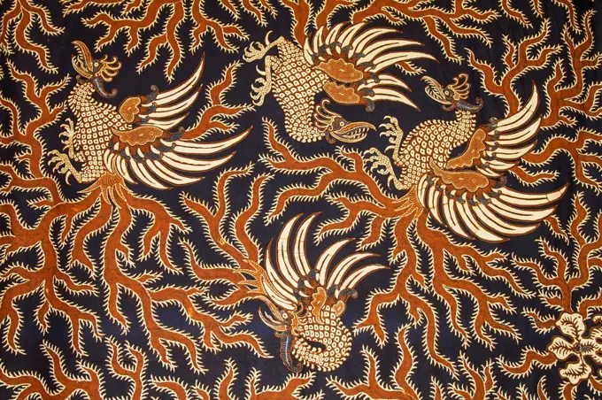 Antique Indonesian batik fabric on display at the Masterpieces Collection of Danar Hadi Batik Museum, Surakarta (Solo), Central Java, Indonesia