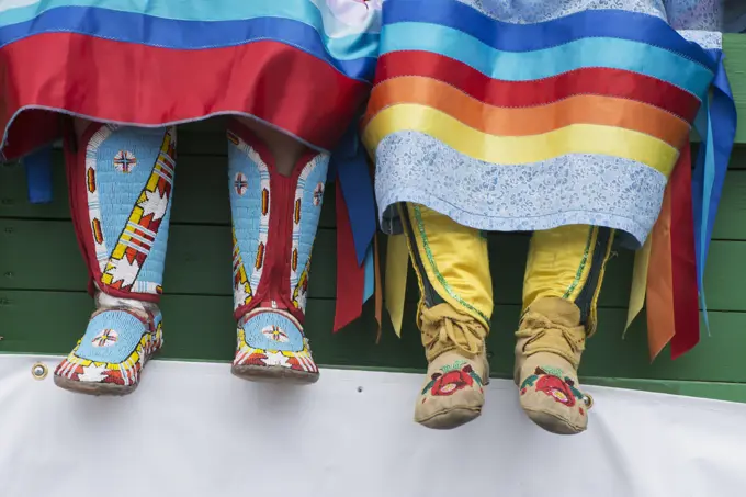 Close-Up Of Colourful First Nations Childrens' Boots; Calgary, Alberta, Canada