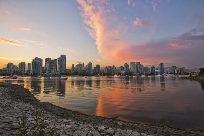 Sunset Over False Creek And City Skyline; Vancouver British Columbia Canada