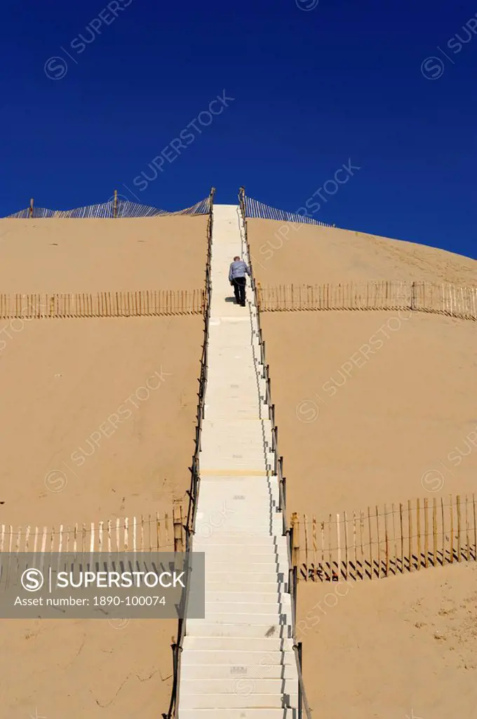 Man climbing steps leading up to Dunes du Pyla, Bay of Arcachon, Cote d´Argent, Aquitaine, France, Europe