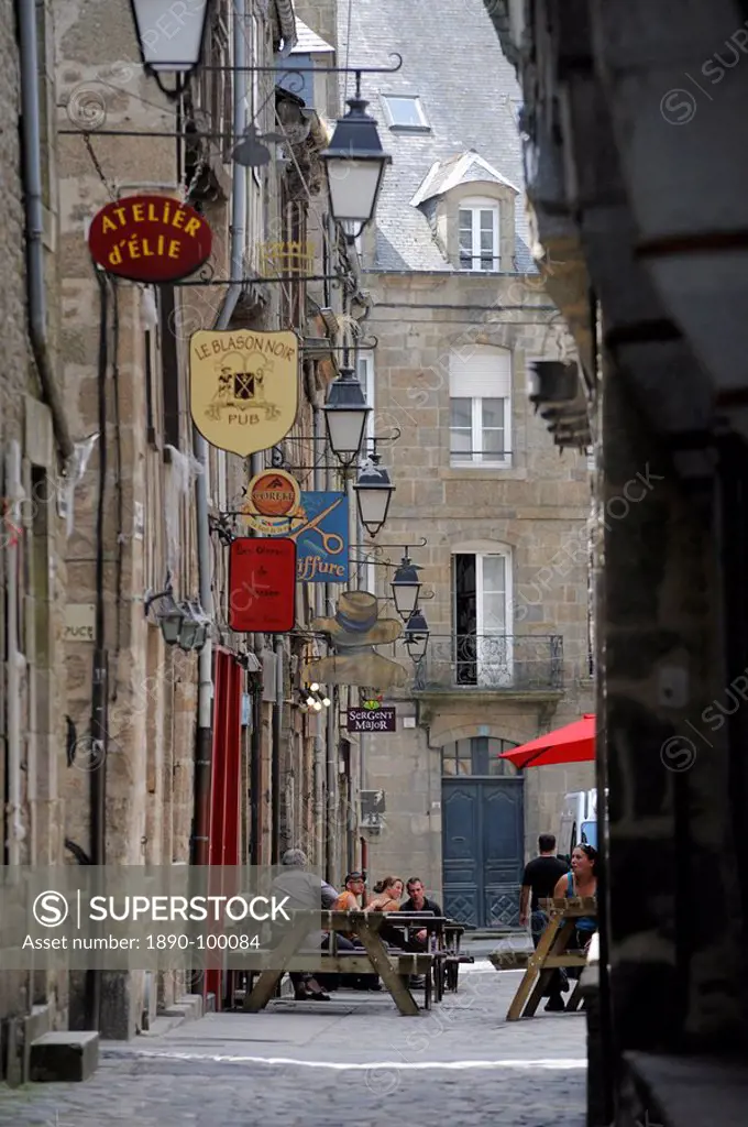 Street of lantern lights and traditional signs, Dinan, Cotes d´Armor, Brittany, France, Europe