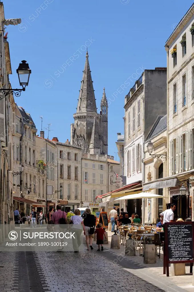 Restaurant lined street, La Rochelle, Charente_Maritime, France, Europe