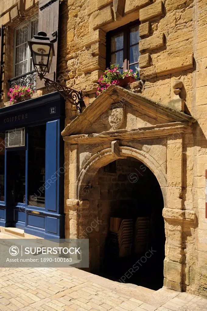 Medieval doorway in the old town, Sarlat, Sarlat le Caneda, Dordogne, France, Europe