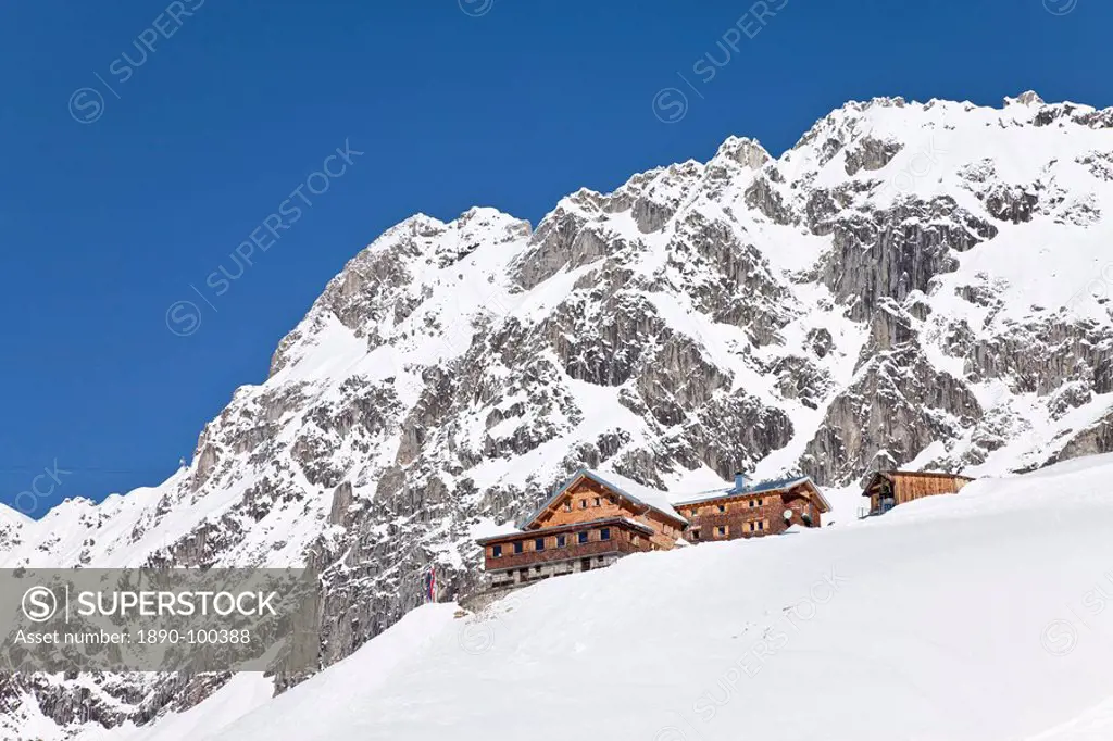 Resort pistes and mountain restaurant, St. Anton am Arlberg, Tirol, Austrian Alps, Austria, Europe