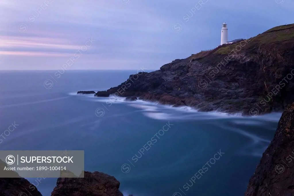 Trevose Lighthouse at dusk, Trevose Head, near Padstow, North Cornwall, England, United Kingdom, Europe