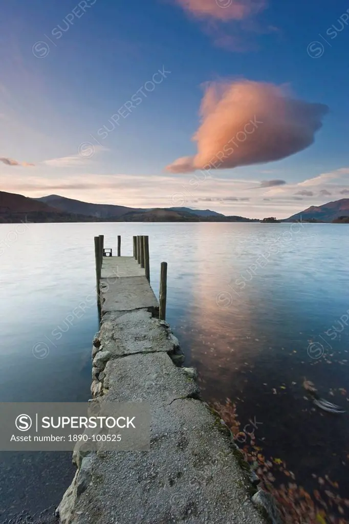 Cloud formation and wooden jetty at Barrow Bay landing, Derwent Water, Lake District National Park, Cumbria, England, United Kingdom, Europe