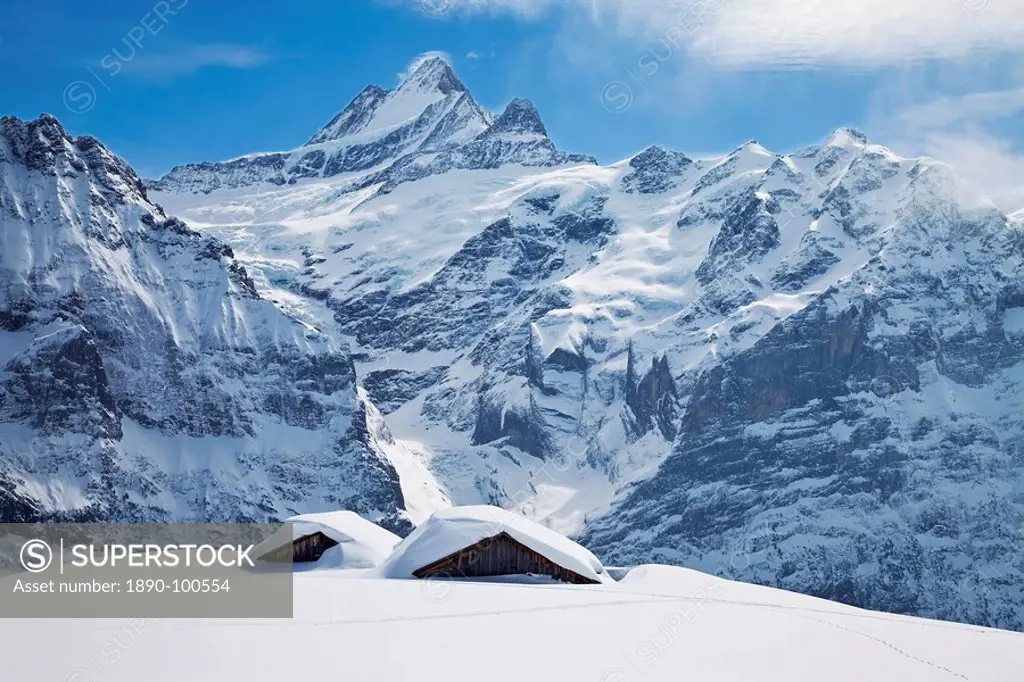 Partially buried buildings on the ski slopes in front of the Schreckhorn mountain, 4078m, Grindelwald, Jungfrau region, Bernese Oberland, Swiss Alps, ...