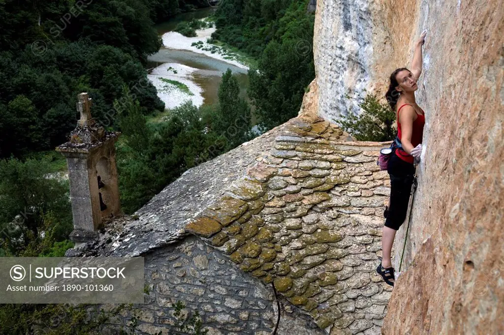 A climber on the cliffs known as the Tennessee Walls, high above the Tarn river and home to some of the most spectacular pitches of rock climbing in E...