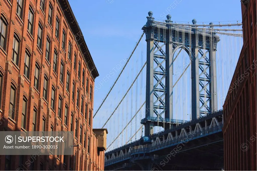 Manhattan Bridge from DUMBO, Brooklyn, New York City, New York, United States of America, North America
