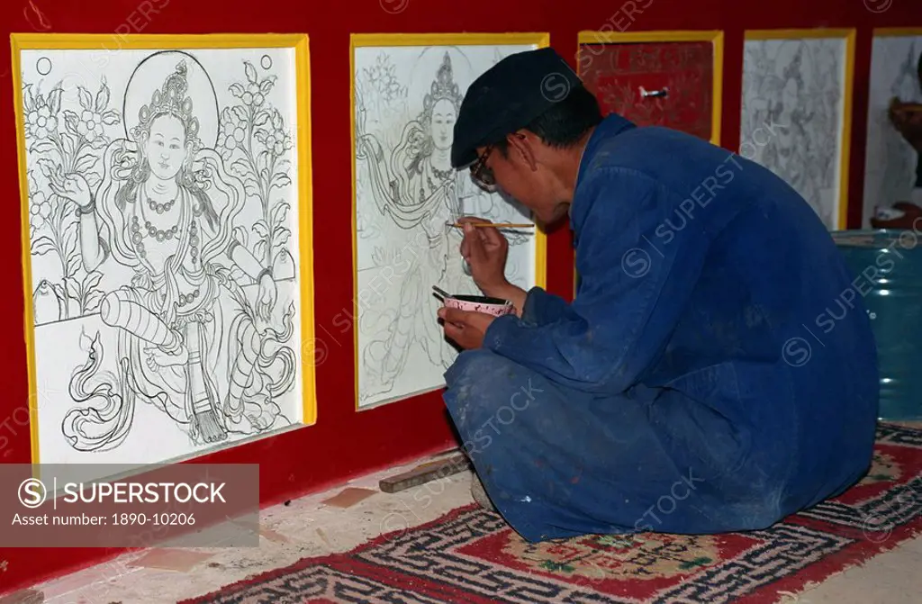 Rebuilding, Regong artist, Long Wu Monastery, Tongren, Qinghai, China, Asia