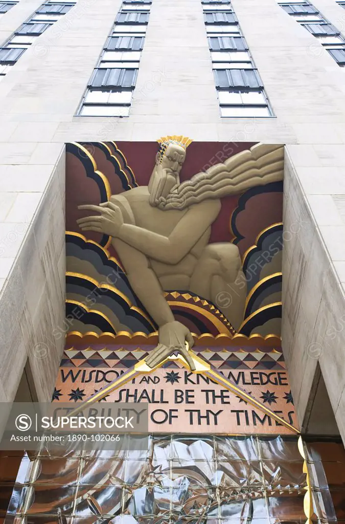 Wisdom by Lee Lawrie, part of the artwork that decorates the facade of the Rockefeller Center, Manhattan, New York City, New York, United States of Am...