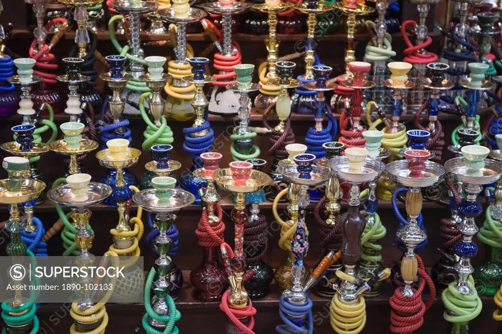 Hookah or hubble bubble pipes for sale in a souk, Dubai, United Arab Emirates, Middle East