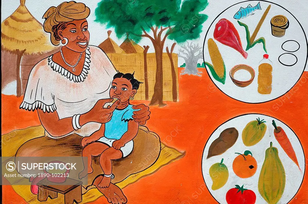 Painting on the front wall of a medical dispensary, Joal, Senegal, West Africa, Africa