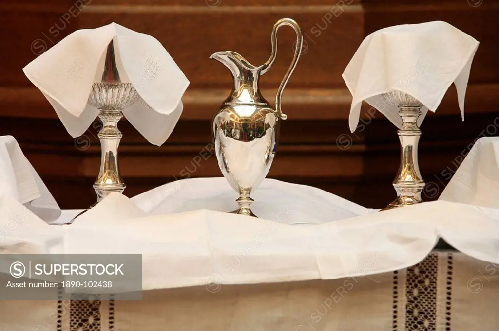 Chalices and ciborium used in the Protestant service of the United Reformed church, Paris, France, Europe