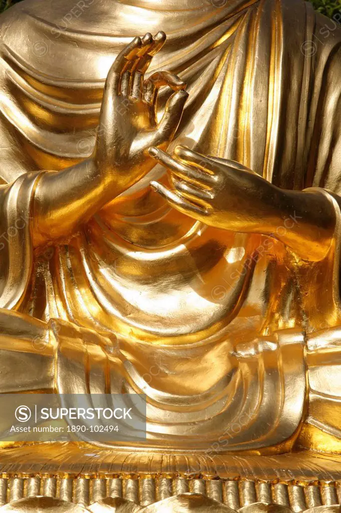 Detail of the teaching mudra on the sitting Buddha statue, Sainte_Foy_Les_Lyon, Rhone, France, Europe