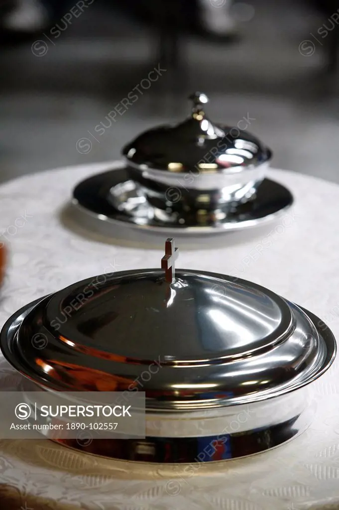 Eucharist bowls used for African Evangelical celebration, Neuilly sur Marne, Seine Saint Denis, France, Europe