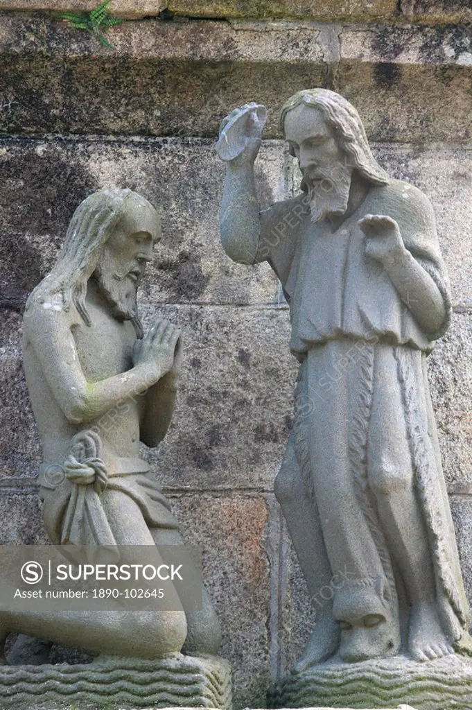 Baptism in the Life of Jesus on the Plougonven calvary, Plougonven, Finistere, Brittany, France, Europe