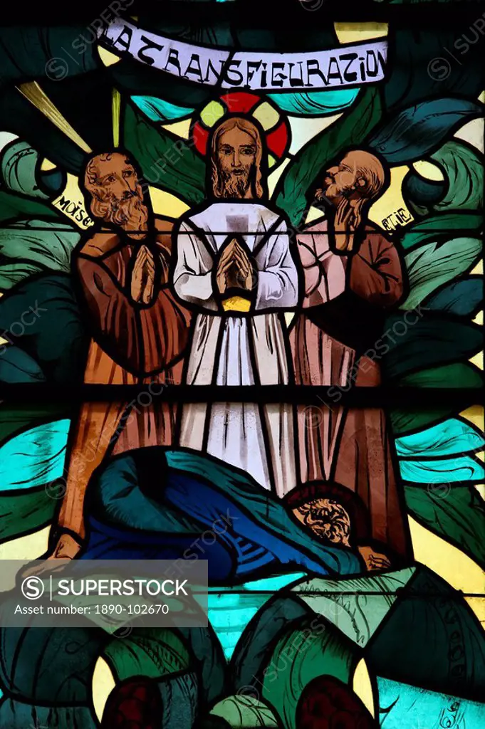 The Transfiguration in the stained glass window of Saint_Joseph des Fins church, Annecy, Haute Savoie, France, Europe
