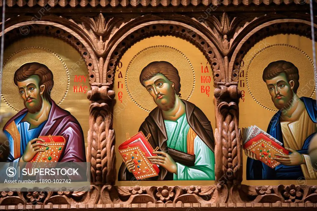 Icons on church iconostasis at Aghiou Pavlou monastery, UNESCO World Heritage Site, Mount Athos, Greece, Europe