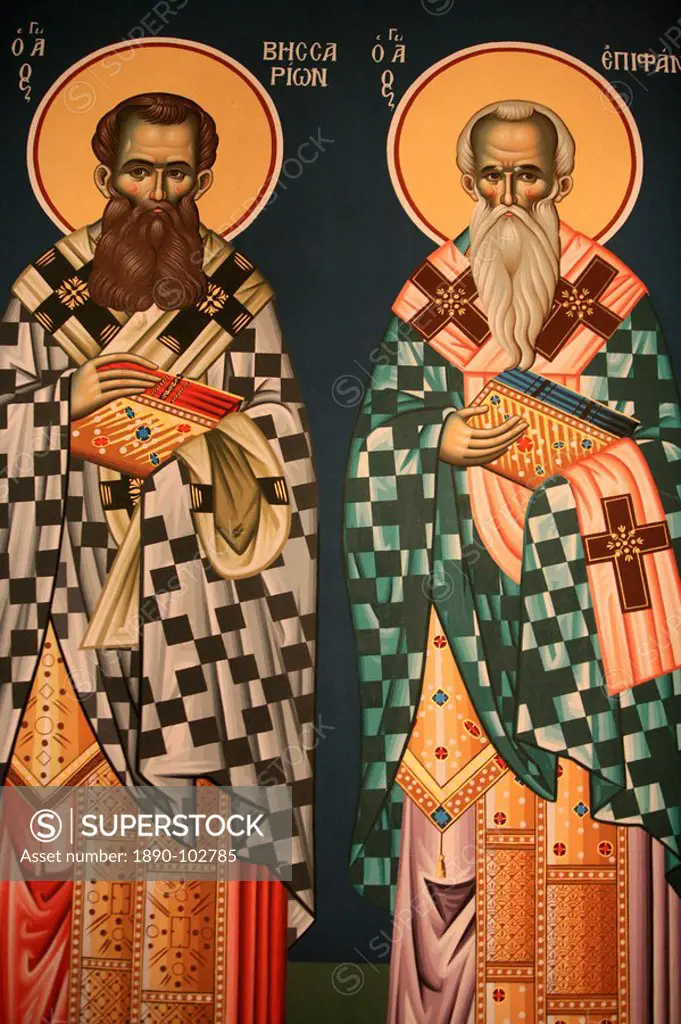 Greek Orthodox icon depicting Saint Vissarion and Saint Epiphanos, Thessaloniki, Macedonia, Greece, Europe