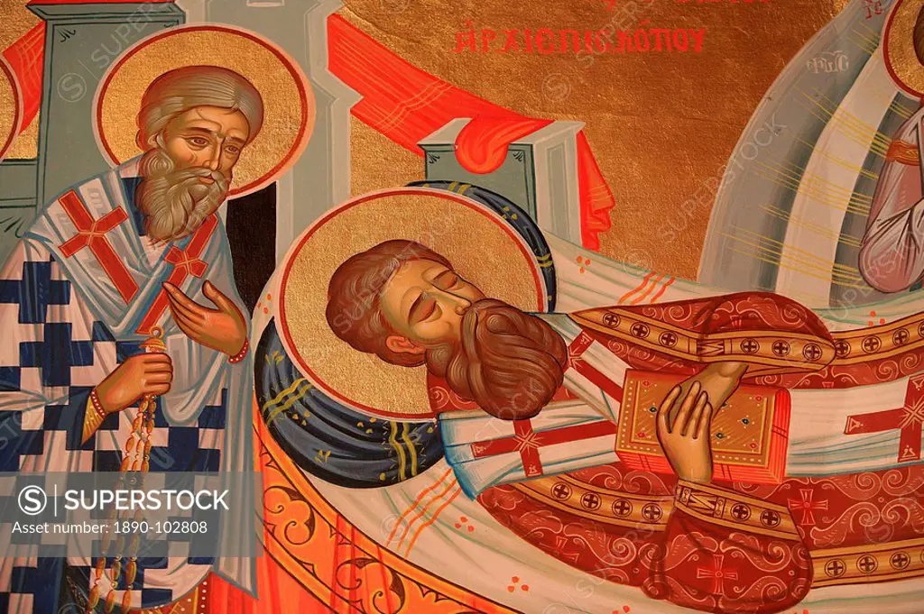 Greek Orthodox icon depicting St. Gregory Palamas´s dormition death, Thessaloniki, Macedonia, Greece, Europe