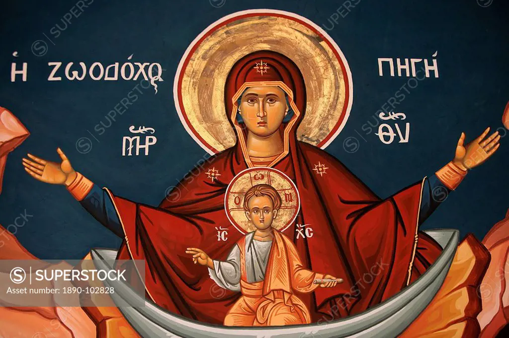 Greek Orthodox icon depicting Mary as a well of life, Thessalonica, Macedonia, Greece, Europe