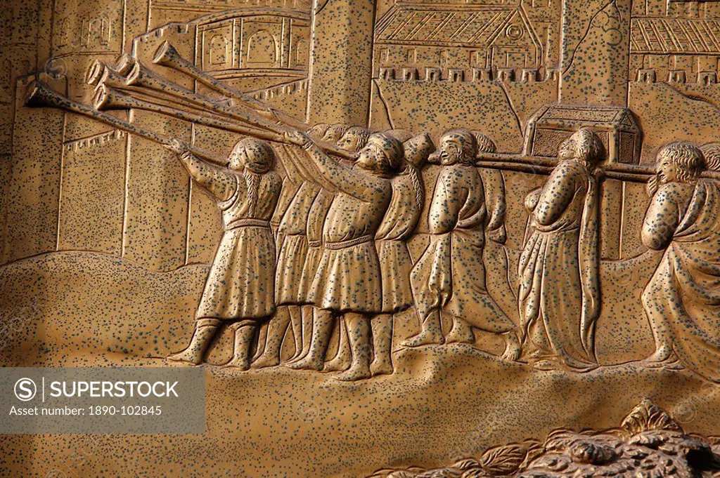 Depiction of the Walls of Jericho on the Gate of Paradise door of the Baptistry of San Giovanni., UNESCO World Heritage Site, Florence, Tuscany, Italy...