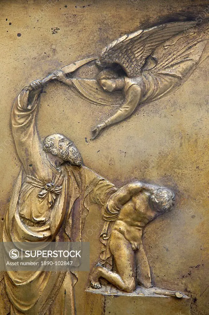 Depiction of Abraham sacrificing Isaac, Gate of Paradise door of the Baptistry of San Giovanni, UNESCO World Heritage Site, Florence, Tuscany, Italy, ...