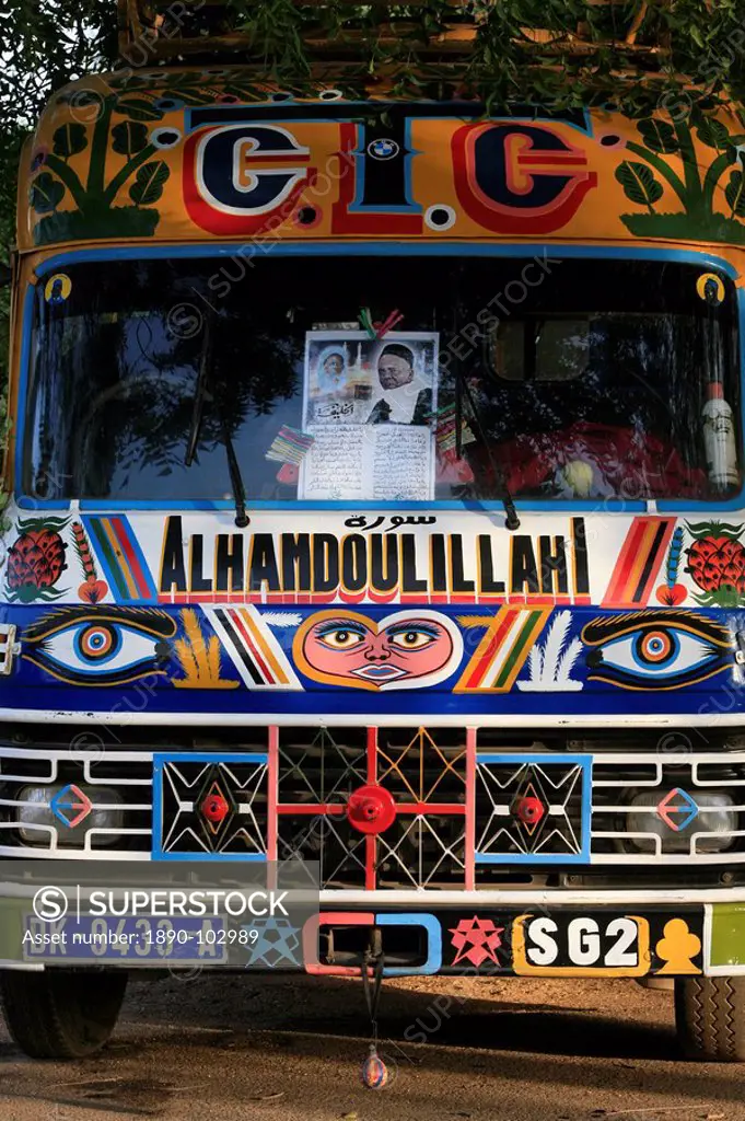 Bus with religious signs, Senegal, West Africa, Africa
