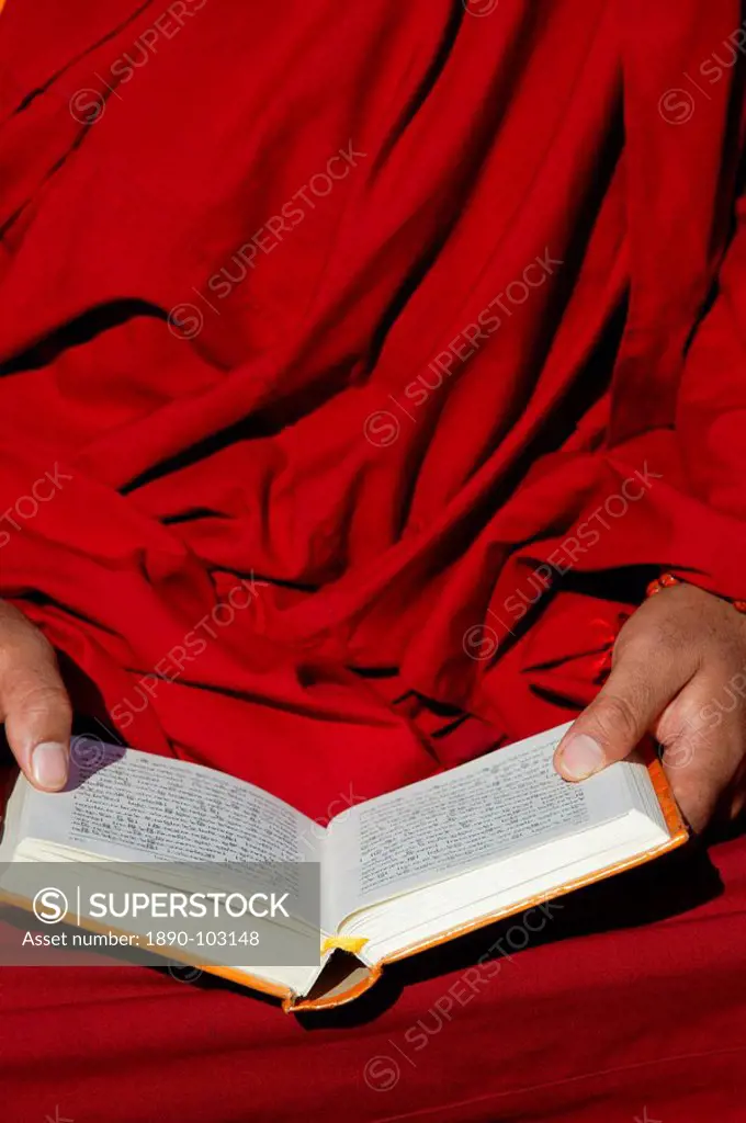 Tibetan monk reading, Paris, France, Europe