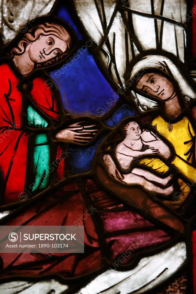 Stained glass of the birth of Isaac, son of Abraham and Sarah, Klosterneuburg, Austria, Europe