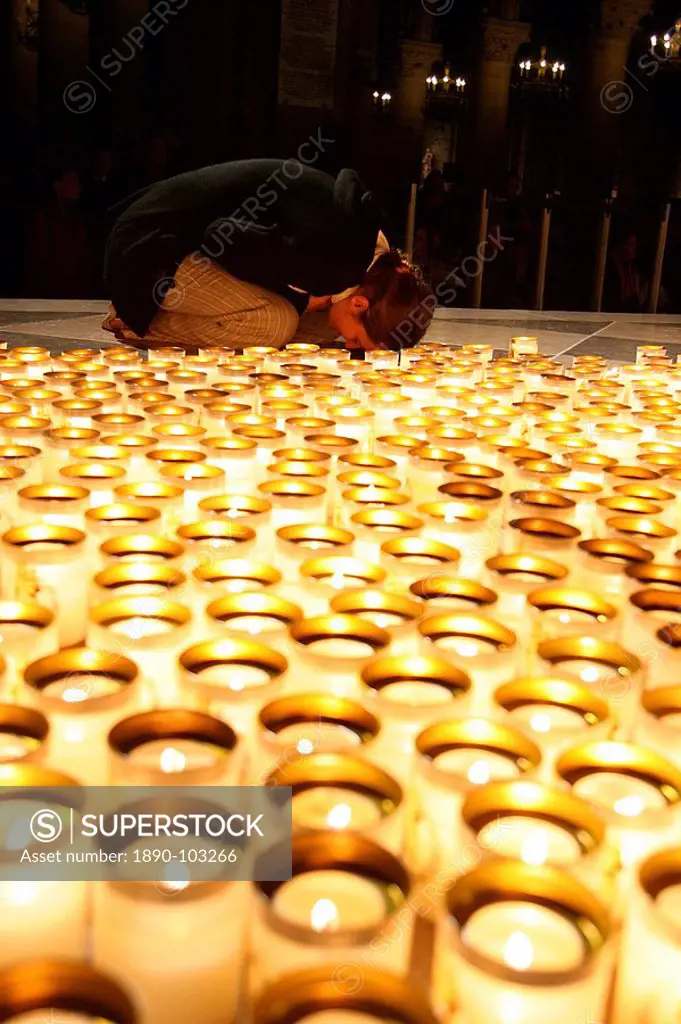Night vigil in Notre Dame de Paris cathedral, Paris, France, Europe