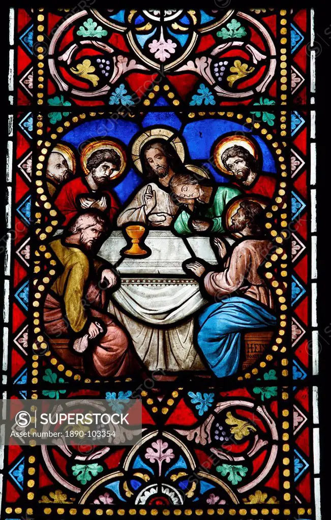 Stained glass window of the Last Supper, Saint_Samson cathedra, Dol_de_Bretagne, Ille_et_Vilaine, Brittany, France, Europe
