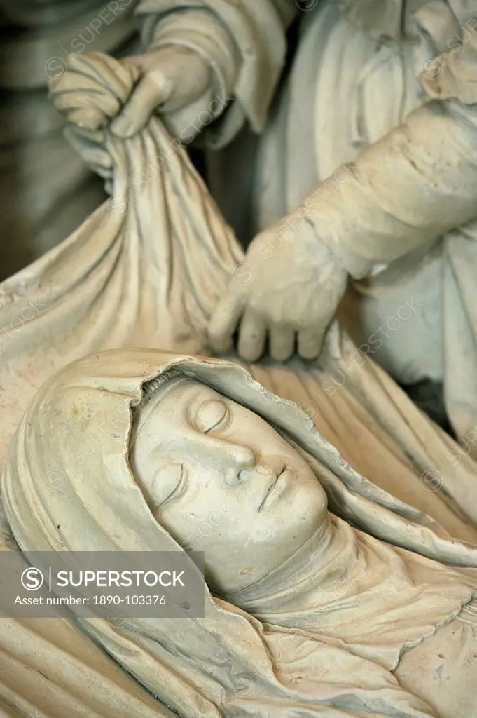 Detail of sculpture of Mary´s entombment, Saint_Pierre de Solesmes Abbey church, Solesmes, Sarthe, Pays de la Loire, France, Europe