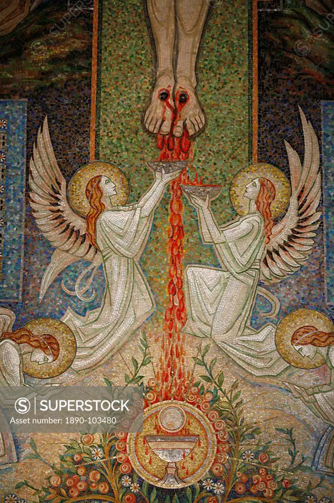 Detail of the mosaic by Antoine Molkenboer showing the Blood of Christ, Annecy, Haute Savoie, France, Europe