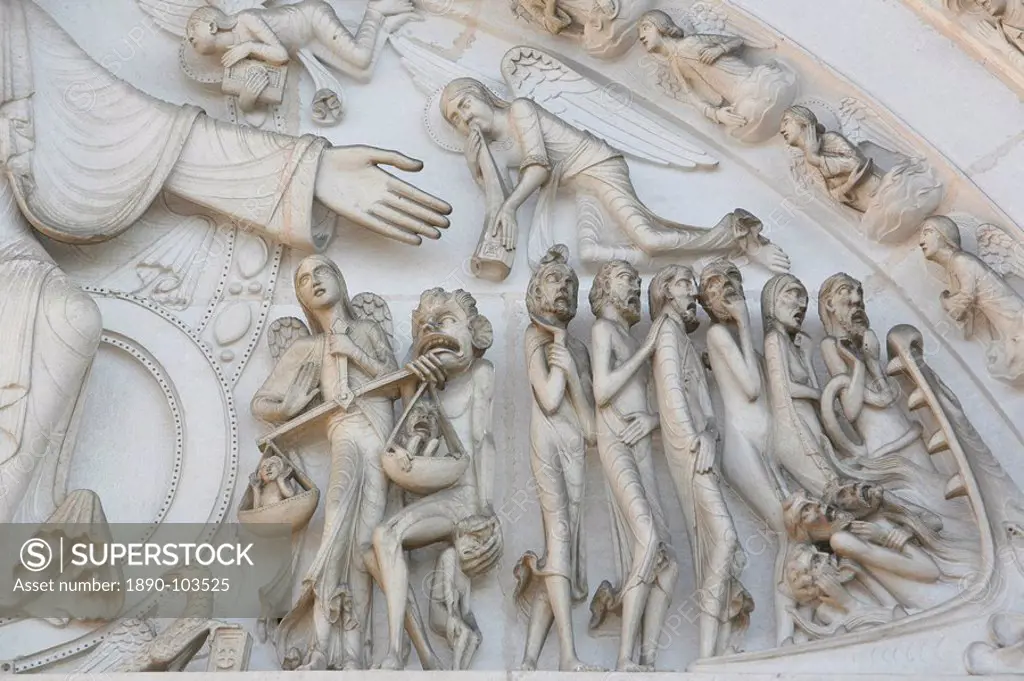 Detail of the Last Judgment depicted on the tympanum of the Vezelay Basilica, UNESCO World Heritage Site, Vezelay, Yonne, Burgundy, France, Europe