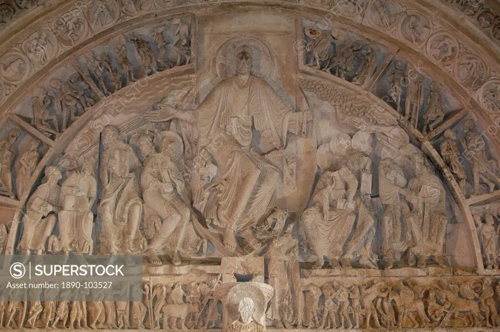 Close_up of Narthex tympanum, Vezelay Basilica, Vezelay, UNESCO World Heritage Site, Yonne, Burgundy, France, Europe