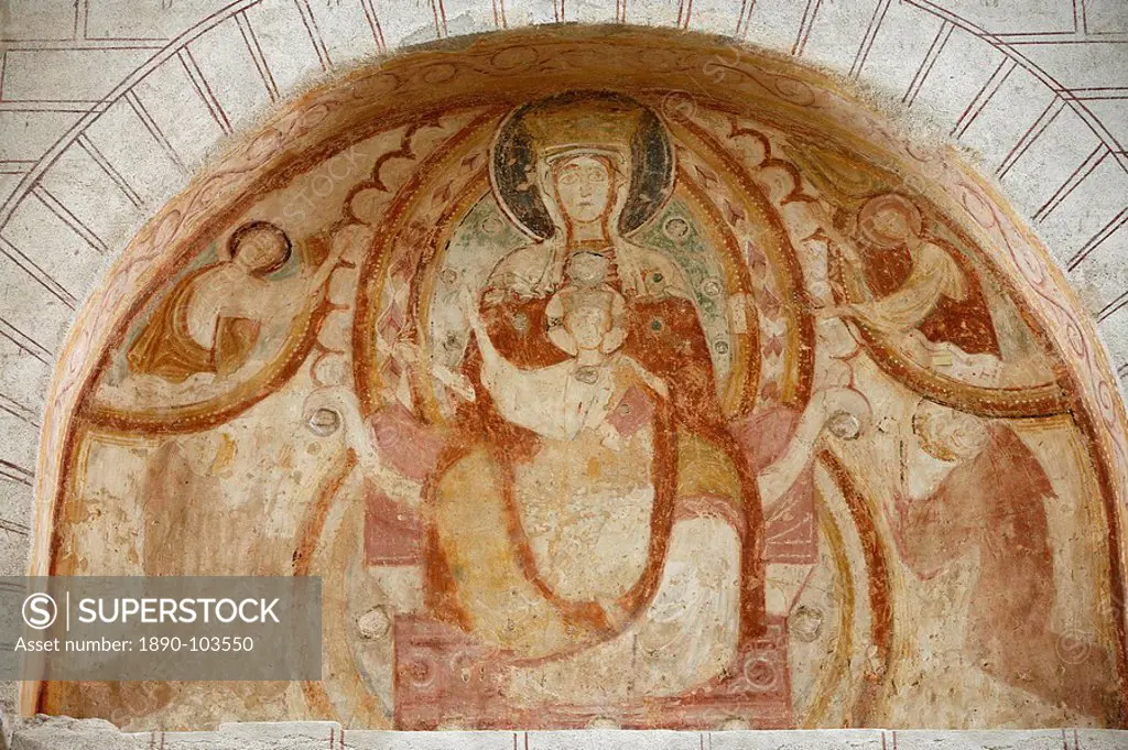 Tympanum of Virgin and child, St. Savin Abbey, Saint_Savin_sur_Gartempe, Vienne, France, Europe