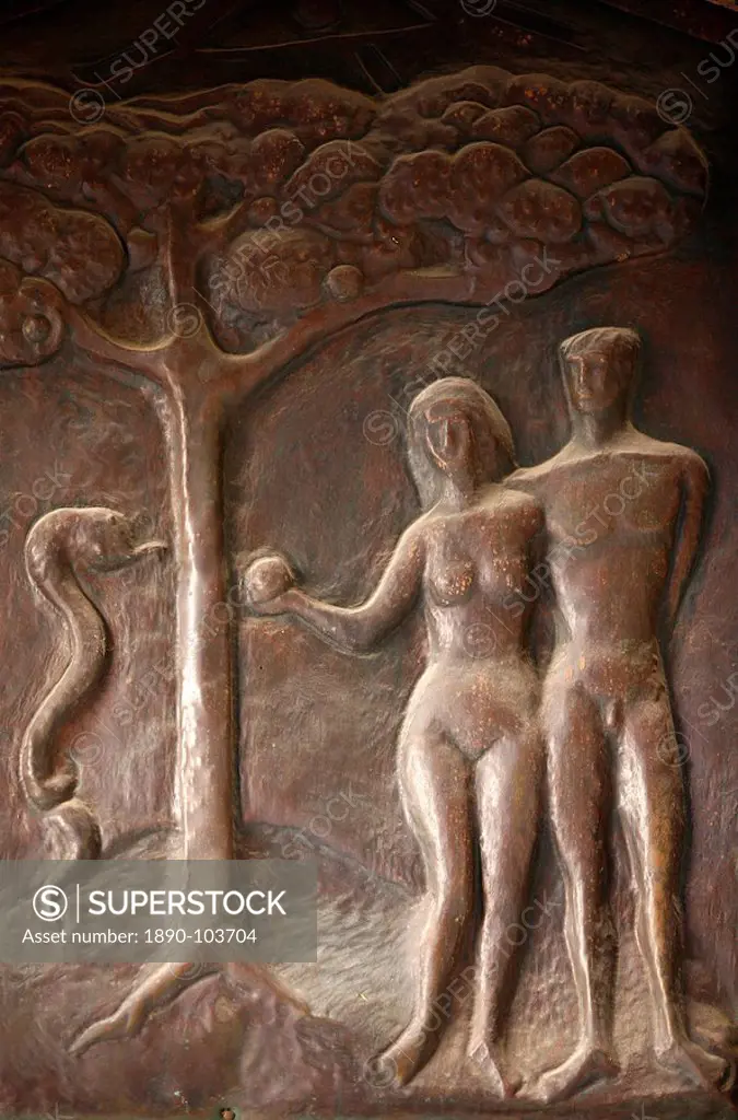 Annunciation Basilica door sculpture depicting Adam and Eve, Nazareth, Galilee, Israel, Middle East
