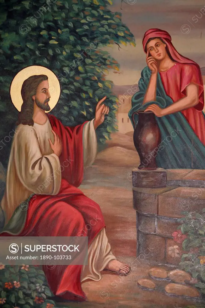 Painting of Jesus and the Samaritan woman, St. Anthony Coptic church, Jerusalem, Israel, Middle East