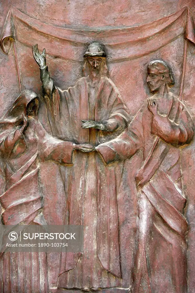 Sculpture of the wedding of Joseph and Mary on the door of the Annunciation Basilica, Nazareth, Galilee, Israel, Middle East
