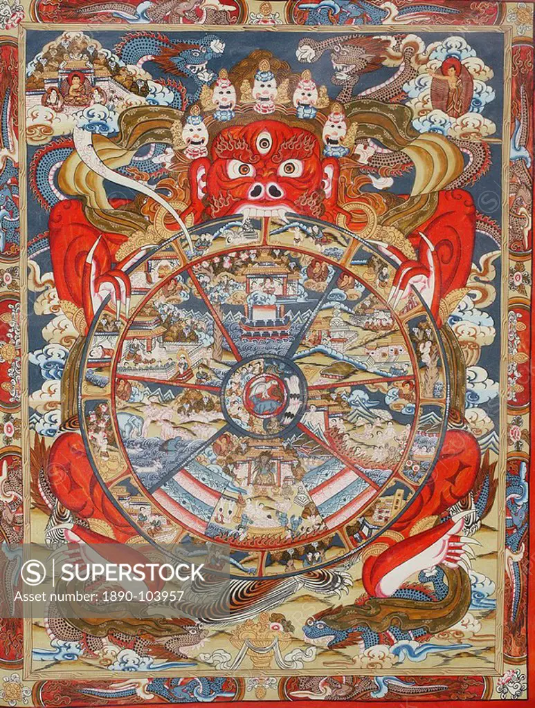 Wheel of life wheel of Samsara, Kopan monastery, Bhaktapur, Nepal, Asia